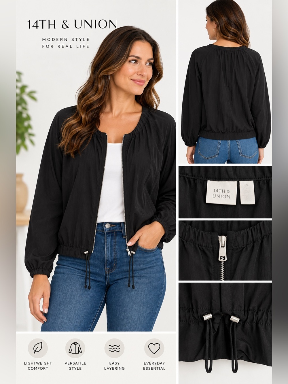 14th & Union Women Black Lightweight Zip Front Jacket Blouson Long Sleeve Sz XL.